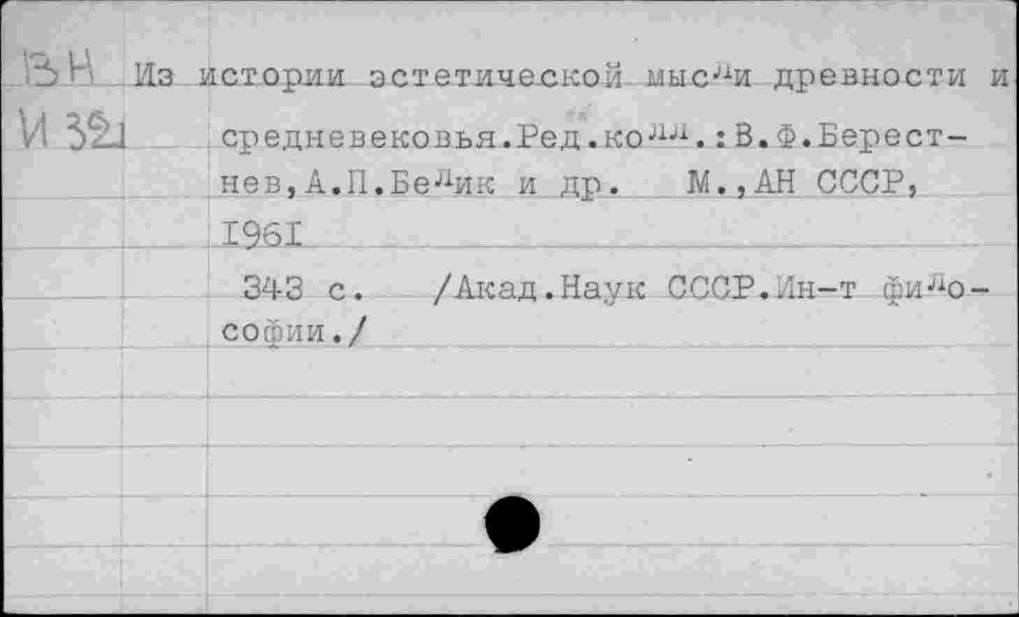 ﻿О ■' Из ..истории эстетической мысли древности и

средневековья.Ред.колл.:В.Ф.Берест-
нев,А.П.Белик и др. М.,АН СССР,
343 с.	/Акад.Наук СССР.Ин-т фило-
софии./